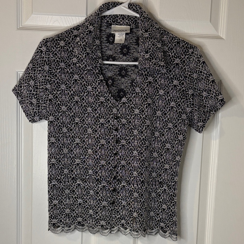 Vintage 90s Black and White Lace V- Neck Nicola Short Sleeve Knit Blouse Large